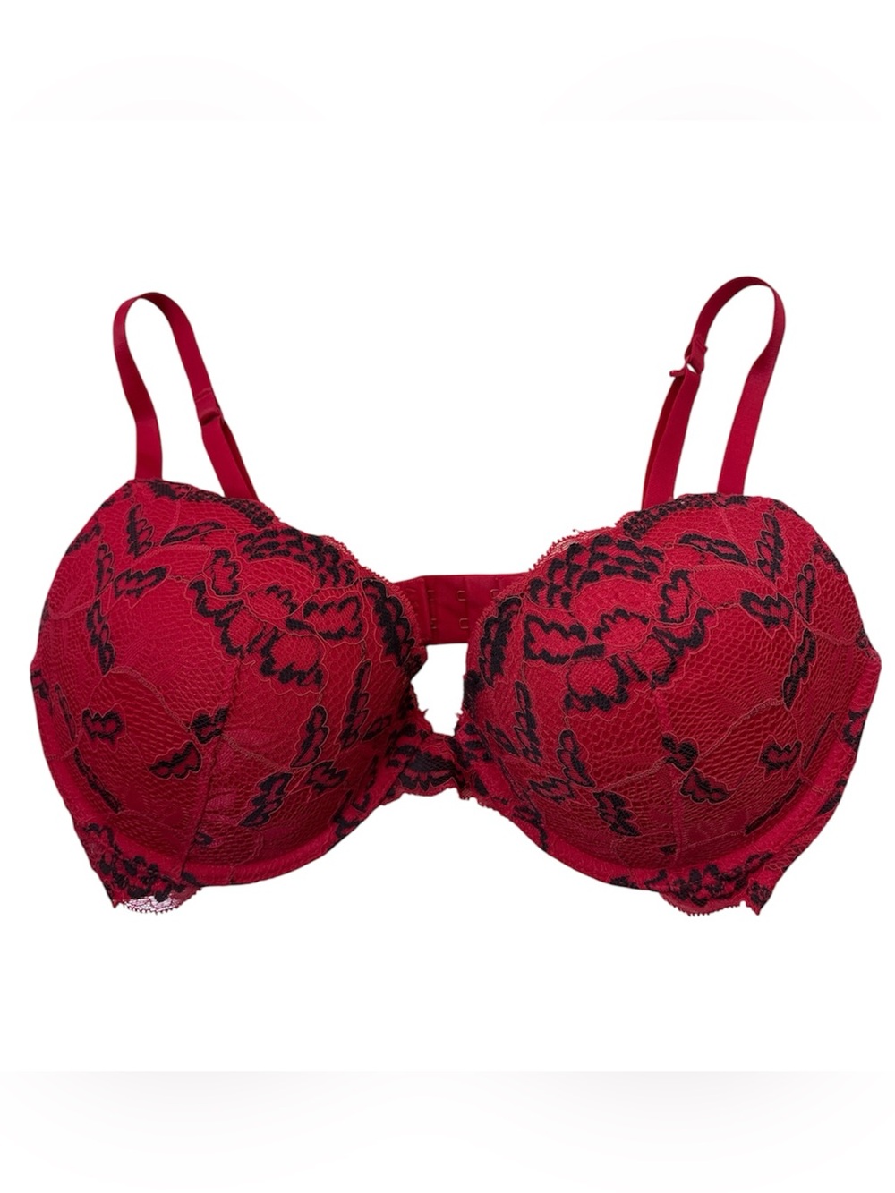 ⭐️ La SENZA Red Lace Bra with Black Floral Overlay - size 34DD